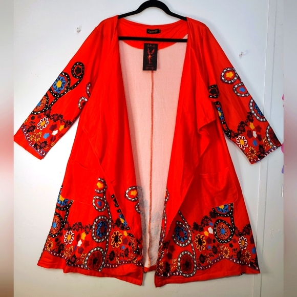 Reborn Jackets & Blazers - Vibrant orange Floral Kimono Cardigan ¾ sleeve, rayon, size 2XL, Reborn.